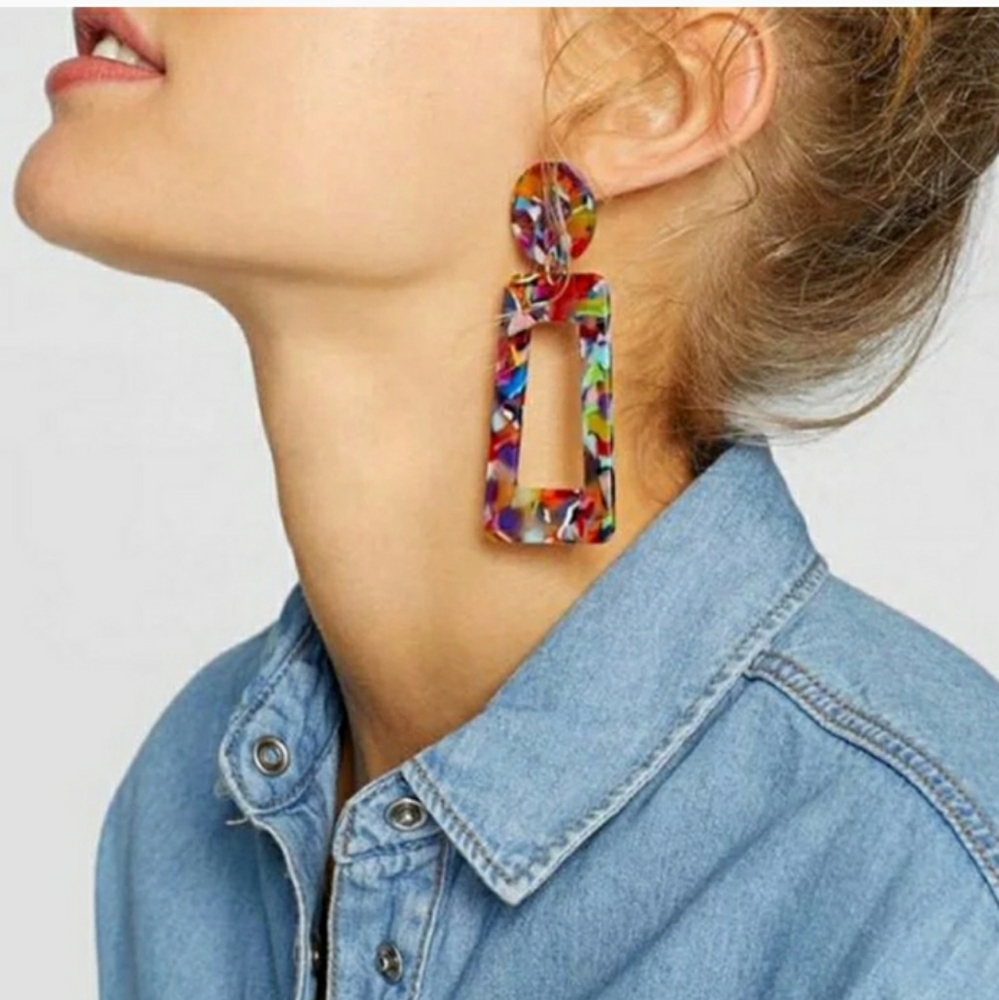 2/$10 Multicolored Rectangular Acetate Earrings